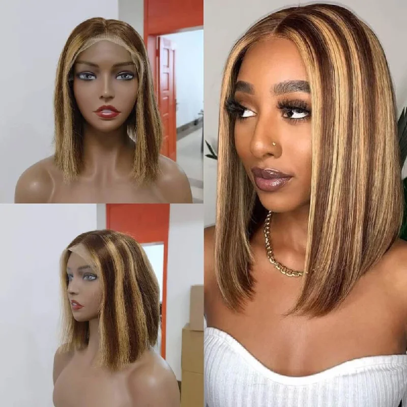 real person hair ring passion project-Blonde Highlight Brown Color Bob Wig Human Hair for African American