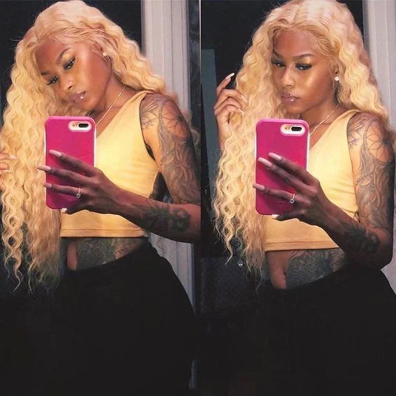 real person hair ring bold statement-Blonde Lace Frontal Wig Deep Wave Brazilian Human Hair #613