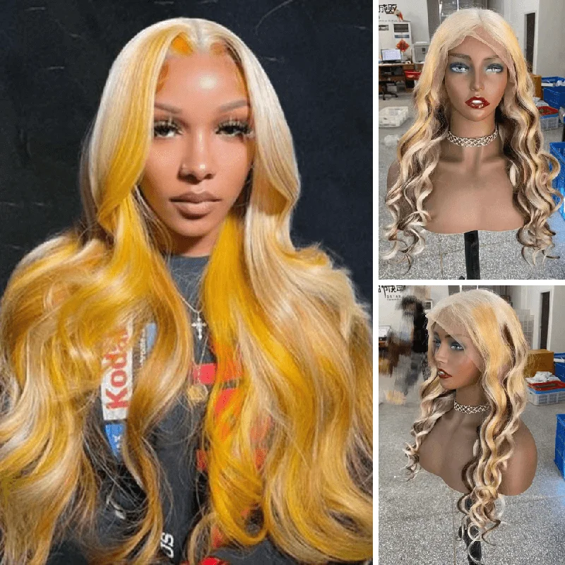 real person hair ring charming look-Blonde Loose Wave Wig with Brown Highlight Human Hair Lace Frontal for African American