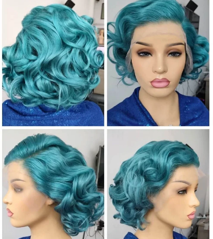 real person hair ring wear resistant-Blue Color Pixie Cut Lace Wig Loose Wave Human Hair for African American