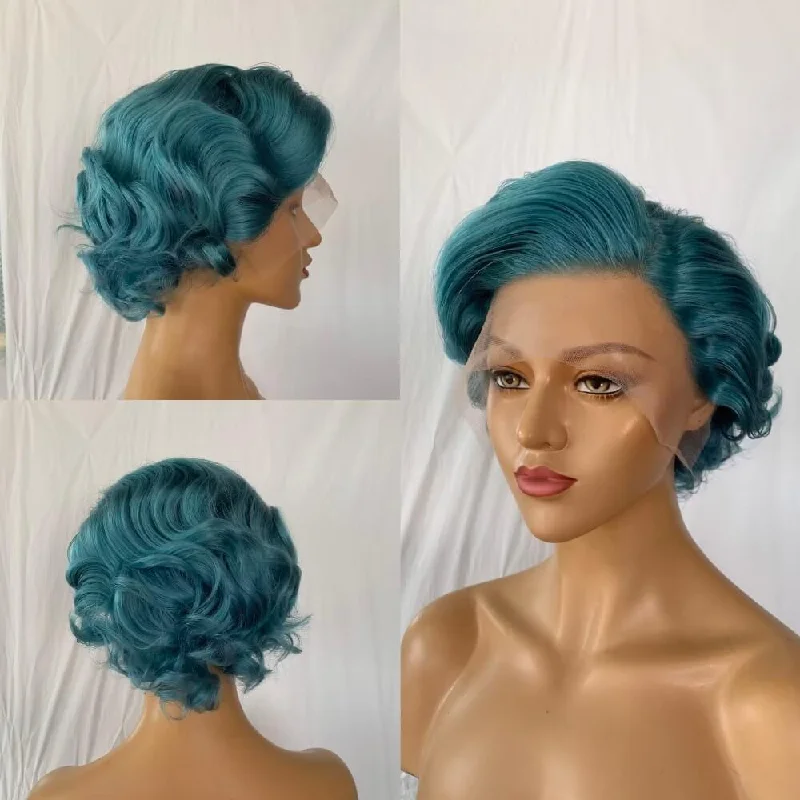 real person hair ring event piece-Blue Color Short Pixie Cut Lace Wig Wave Human Hair for African American