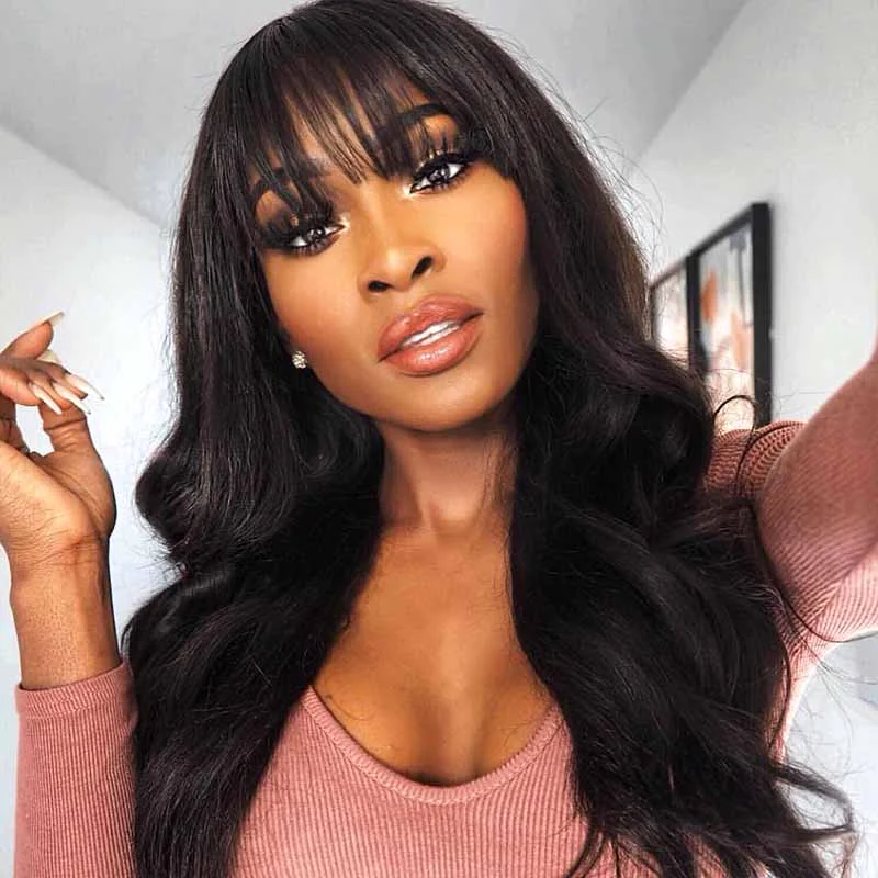 real person hair ring inspiration source-Natural Color Brazilian human hair body wave wig with bangs-Surprisehair