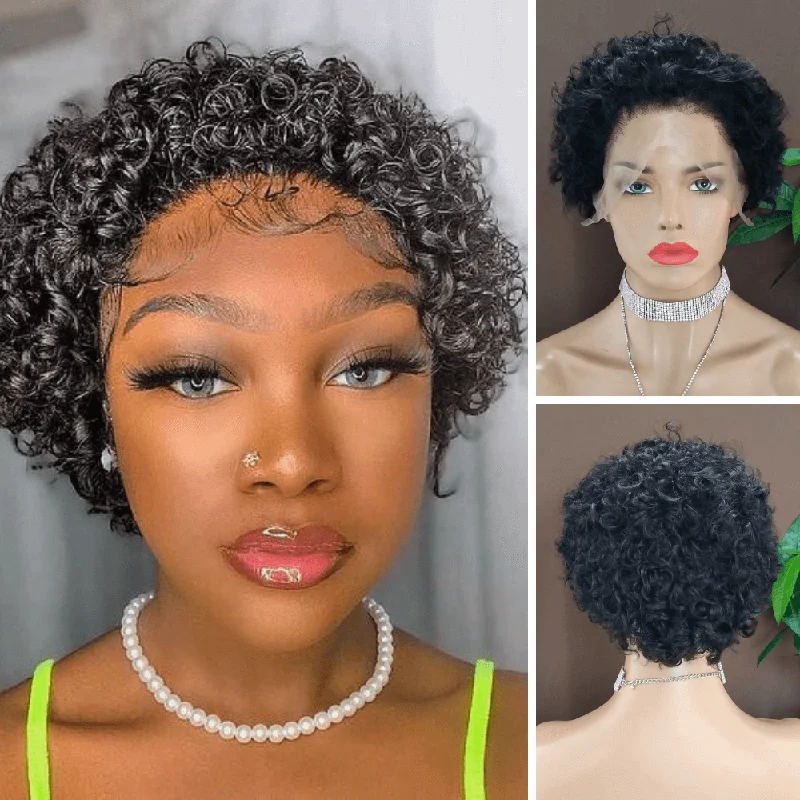 real person hair ring reward program-Brazilian Curly Pixie Cut Wig Human Hair Lace Frontal for African American