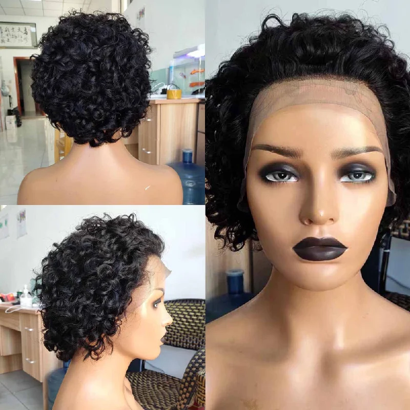 real person hair ring artisan tale-Brazilian Curly Pixie Cut Wig Human Hair Lace Frontal Wig for African American