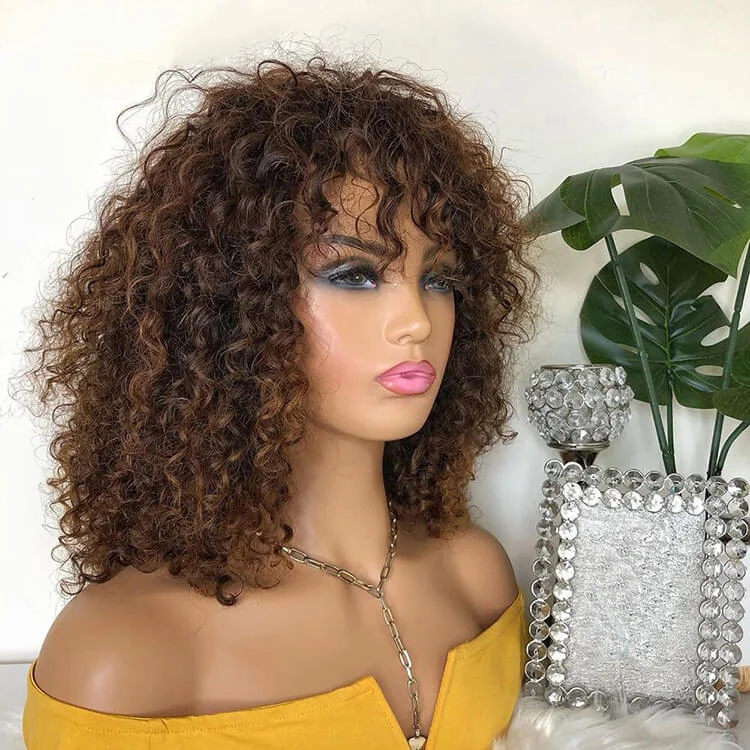 real person hair ring anytime gift-Brazilian Human Hair Wig with Bangs Brown Highlight Jerry Curly Glueless Hair 180% Density For Black Women