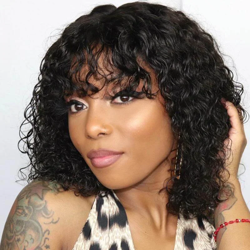 real person hair ring party accessory-Brazilian Human Hair Wig With Bangs Jerry Curly Glueless Hair 180% Density For Black Women