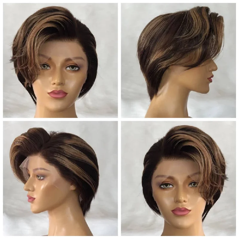 real person hair ring year-round-Brown Color Pixie Cut Straight Wig with Highlight Color Human Hair