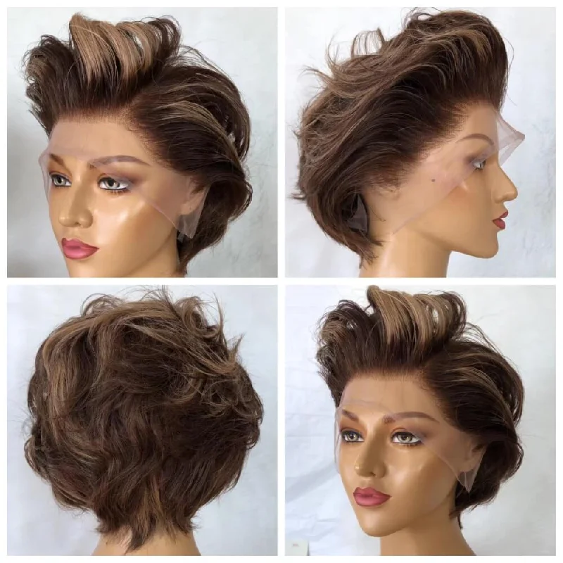 real person hair ring international craft-Brown Color Pixie Cut Wig with Highlight Color Human Hair Lace Frontal