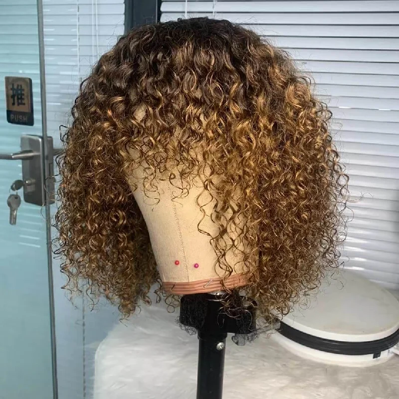 real person hair ring reservation slot-Brown highlight Human Hair Curly Wig With Bangs For African American