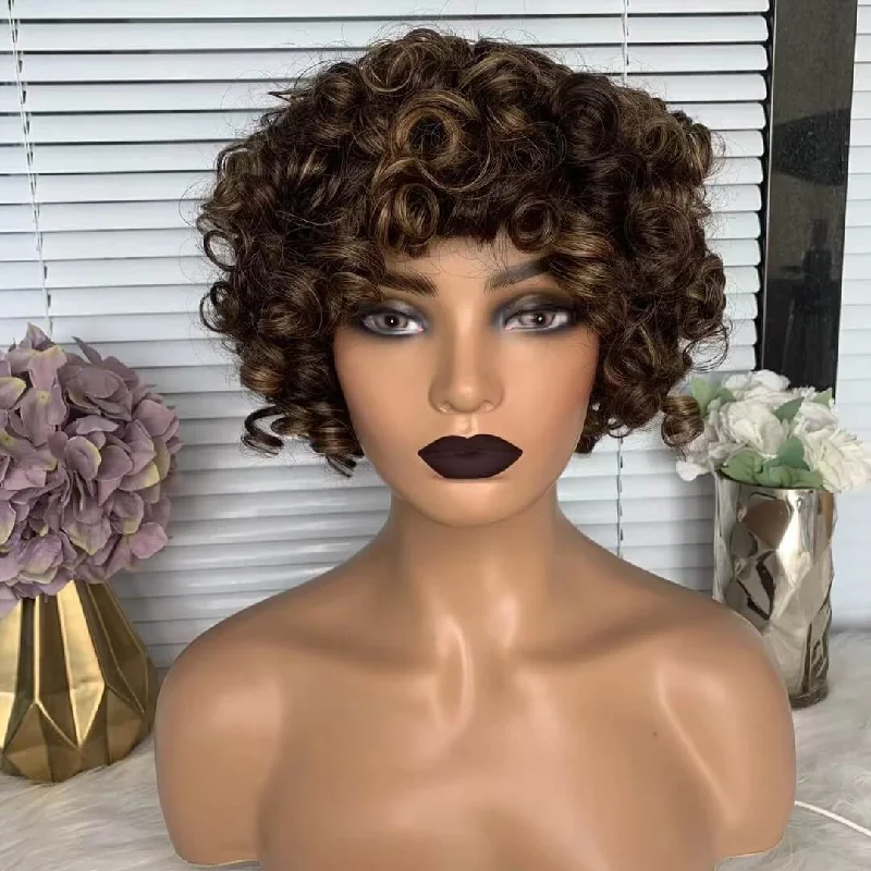 real person hair ring high demand item-Brown highlight Human Hair Loose Wave Wig With Bangs For African American