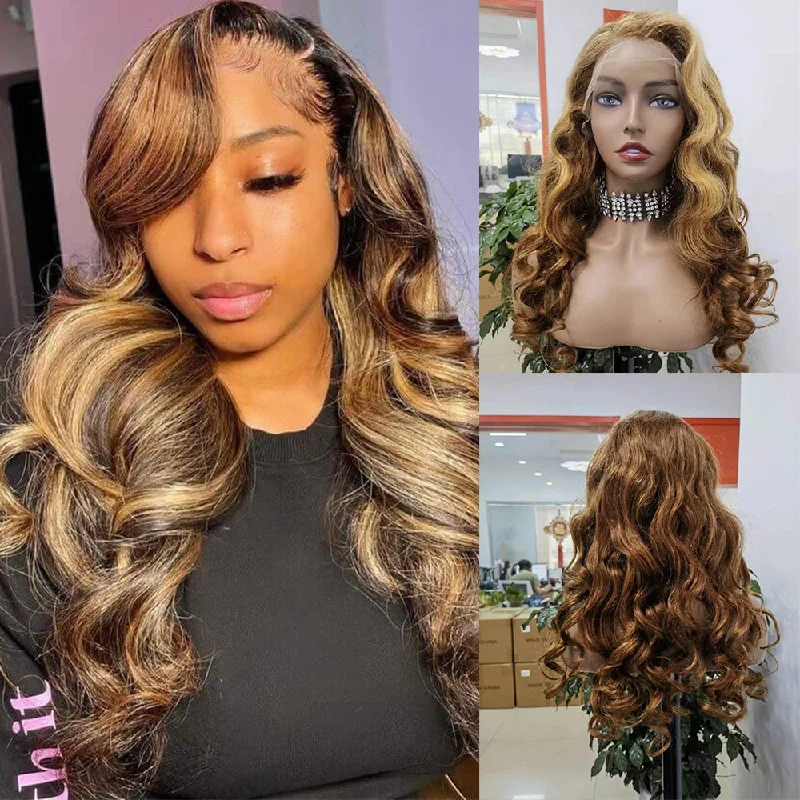 real person hair ring artisan made-Brown Highlight Loose Wave Lace Wig 13x4 Human Hair Long Wigs for Black Women