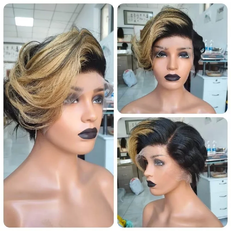 real person hair ring lovely accent-Brown Ombre Black Pixie Cut Lace Wig Straight Human Hair Side Part