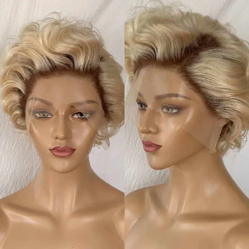 real person hair ring pre-order option-Brown Ombre Blonde Curly Pixie Cut Wig Human Hair Lace Frontal