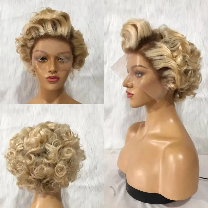 real person hair ring certificate included-Brown Ombre Blonde Wave Pixie Cut Wig Human Hair for African American