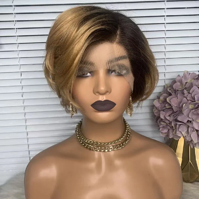 real person hair ring same-day dispatch-Brown Ombre Pixie Cut Human Hair Wig 13x1 Lace Wig For African American