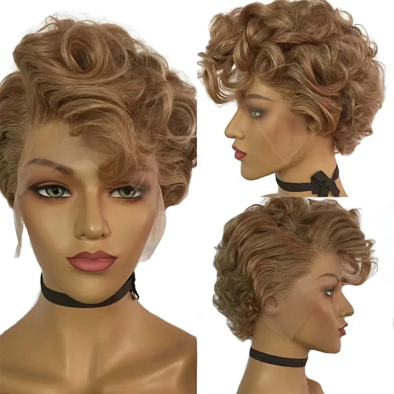 real person hair ring craft fair-Short Brown Pixie Cut Curly Lace Wig Brazilian Human Hair Surprisehair