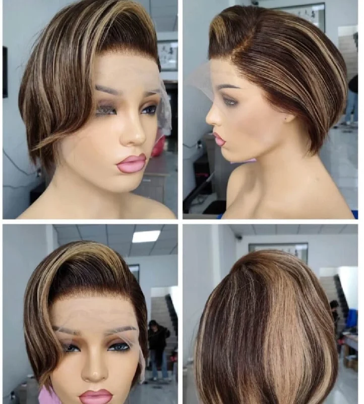 real person hair ring daily wear-Brown Pixie Cut Lace Wig with Highlight Color Human Hair for African American