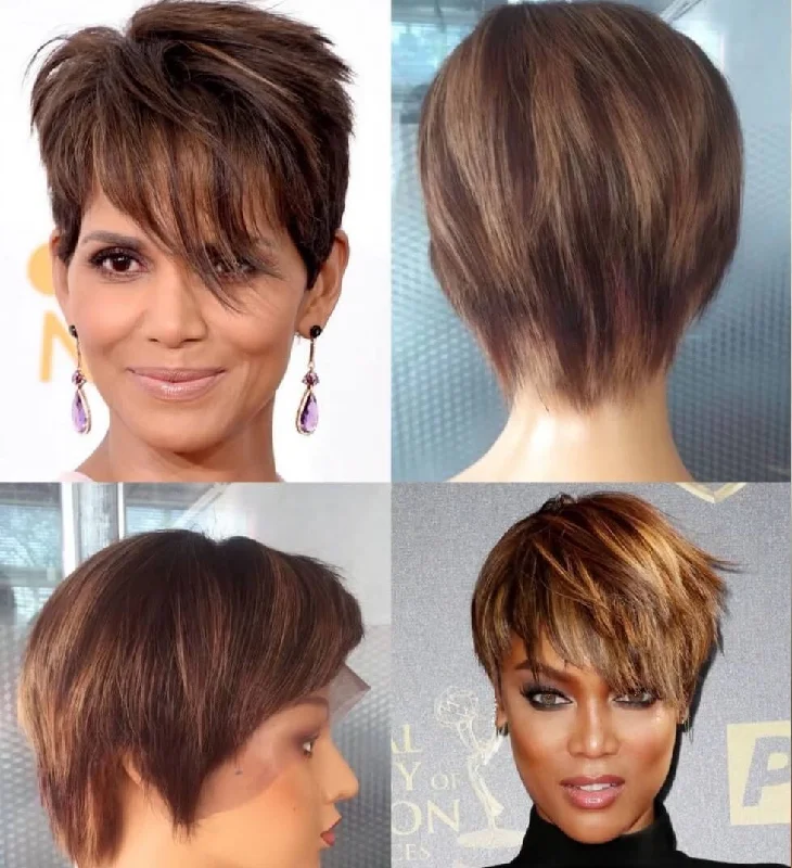 real person hair ring flexible fit-Brown Pixie Cut Wig with Highlight Color Human Hair for African American