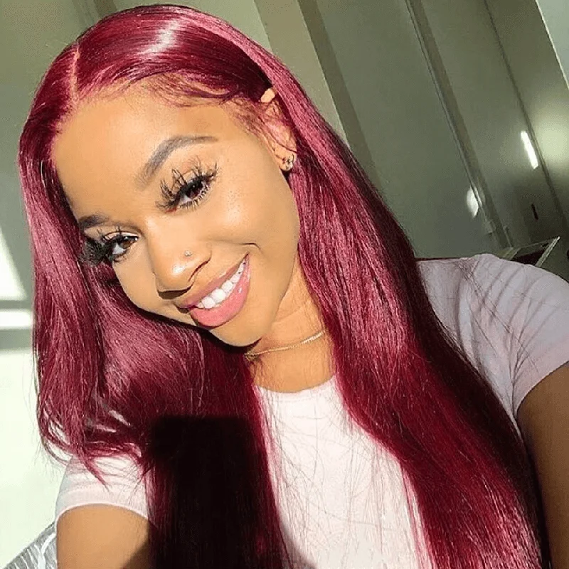 real person hair ring throwback style-Burgundy Colored Hair 180% Density Lace Front Wig Straight Colored Human Hair Wigs