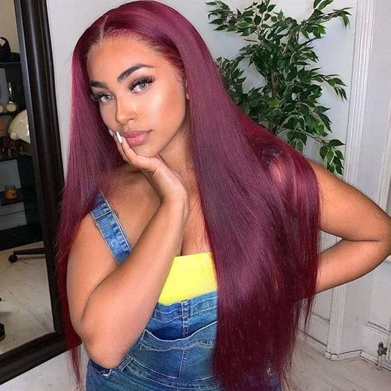 real person hair ring connection piece-Burgundy Straight Human Hair Lace Front Wig Long Hair for African American