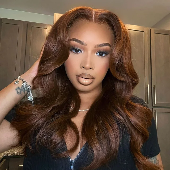 real person hair ring antique style-Chestnut Brown Loose Wave Human Hair Wigs with Curtain Bangs Glueless Lace Front Colored Wig For Black Women-Amanda Hair