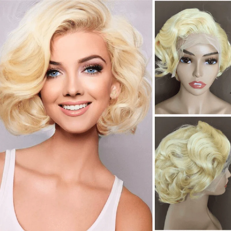 real person hair ring groomsman token-Curly Blonde Pixie Cut Lace Wig with Side Part Bangs Human Hair