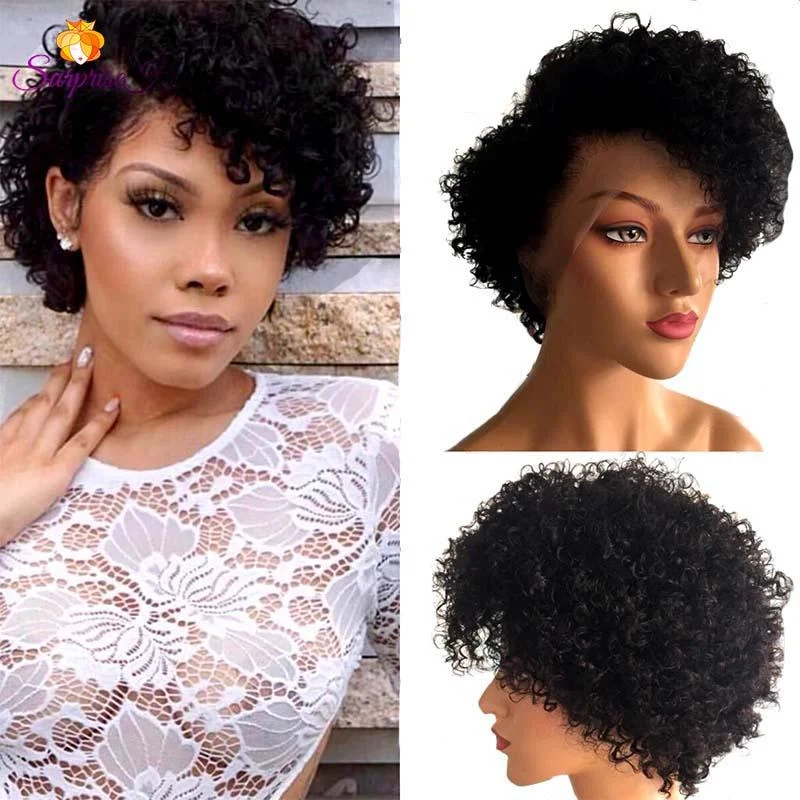 real person hair ring tracked package-Curly Pixie Cut Wig Lace Frontal Human Hair Short Black Curly Wig