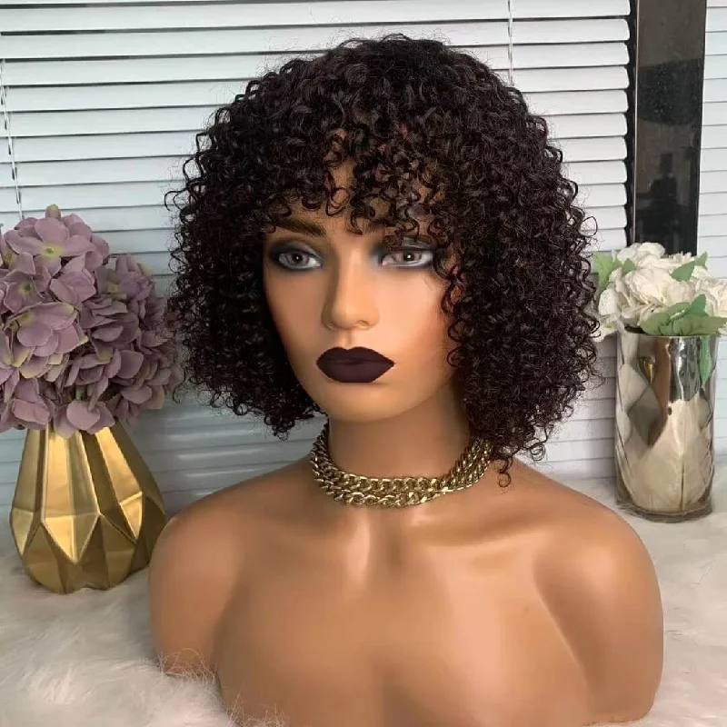 real person hair ring lasting beauty-Curly Wig With Bangs Human Hair Black Short Wig For African American