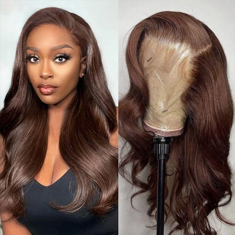 real person hair ring bulk discount-Dark Brown Lace Front Wigs Transparent Lace #4 Colored Human Hair Wigs Flash Sale