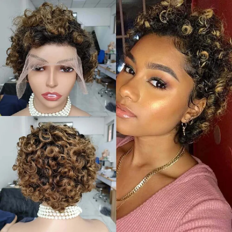 real person hair ring points system-Dark Brown Ombre Black Curly Pixie Cut Wig Lace Frontal Human Hair