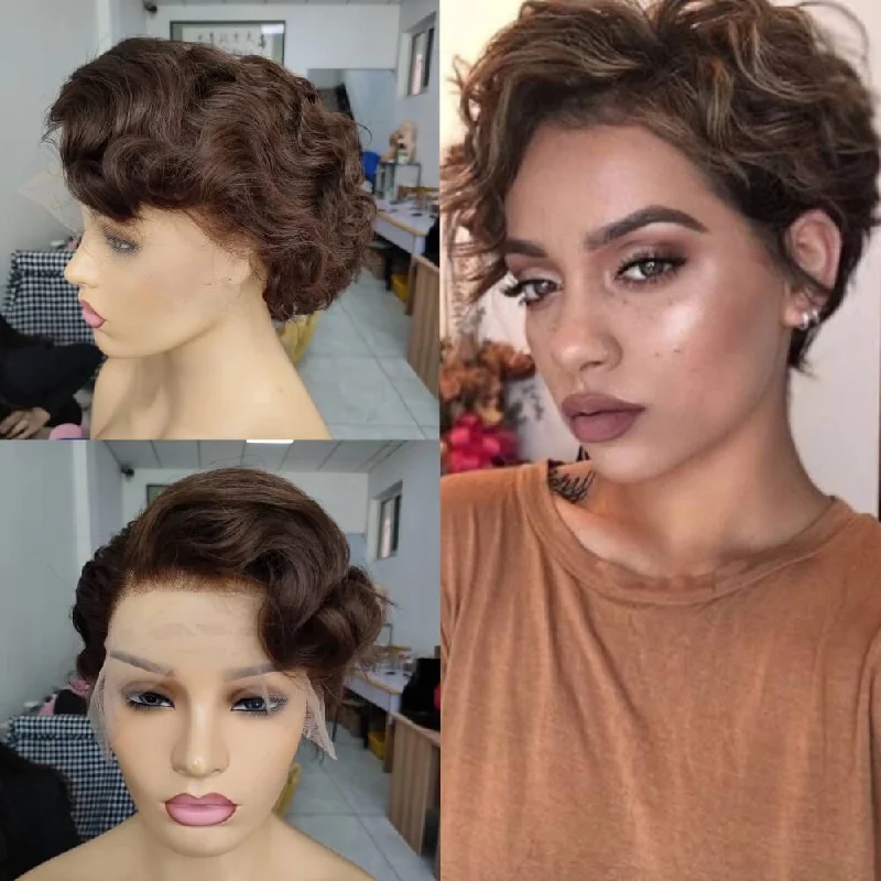 real person hair ring styling ideas-Dark Brown Pixie Cut Wig Human Hair Lace Wig African American