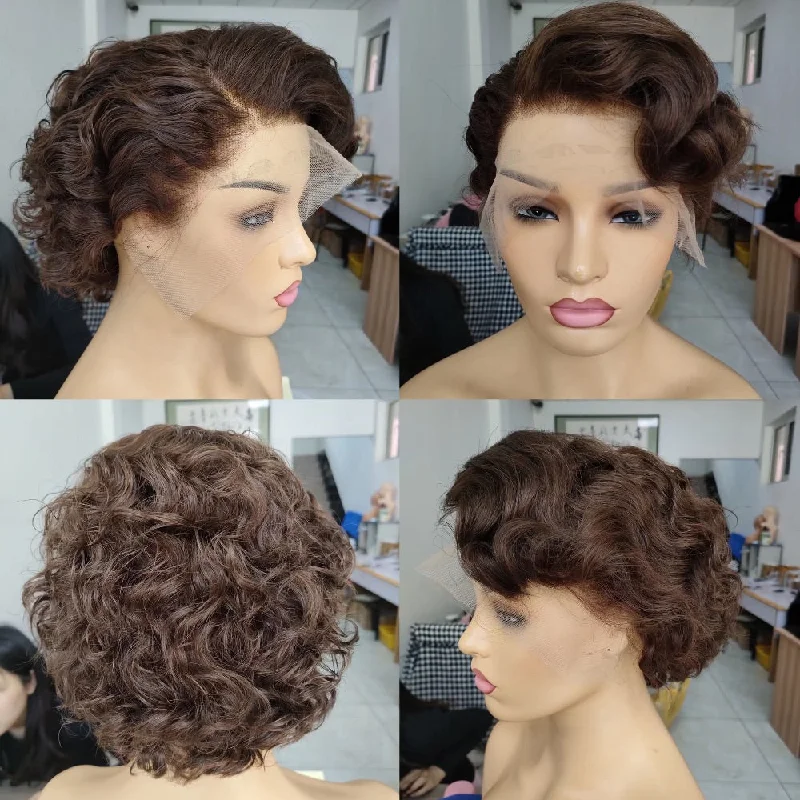 real person hair ring wedding favor-Dark Brown Pixie Cut Wig Human Hair Lace Frontal Wig for Black Women