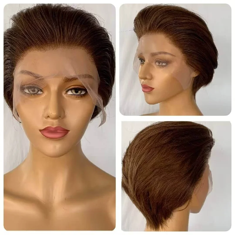 real person hair ring in-store pickup-Dark Brown Straight Pixie Cut Wig Human Hair for African American