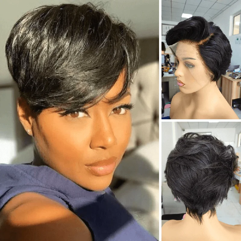 real person hair ring custom order gift-Frontal Pixie Cut Wig 100% Human Hair Black Color for African American