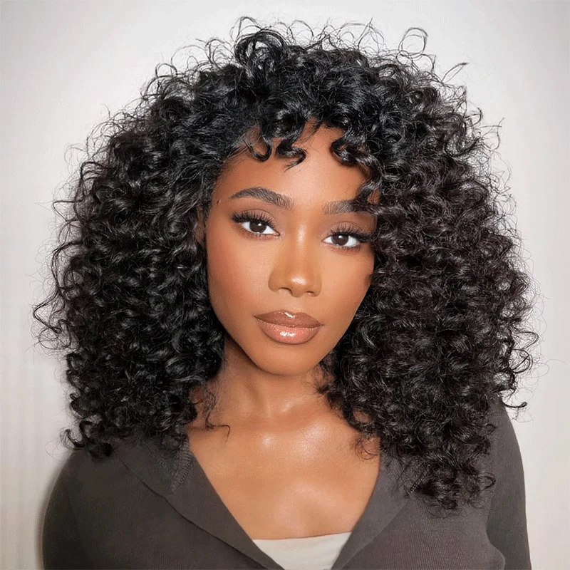 real person hair ring help guide-Glueless Bob Wig With Bangs Water Curly Textured Human Hair