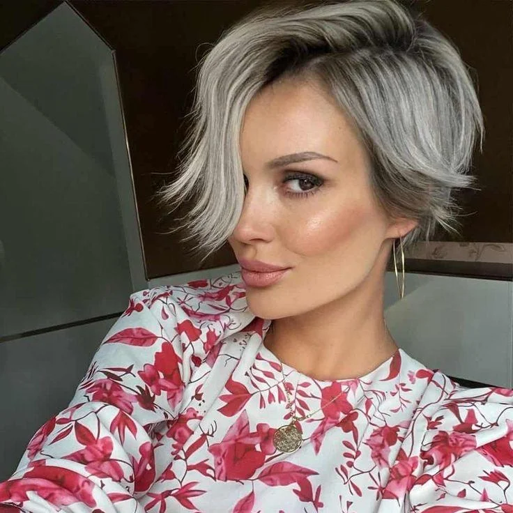 real person hair ring friend deal-Gray Highlight Pixie Cut Lace Frontal Wig straight Human Hair Wig