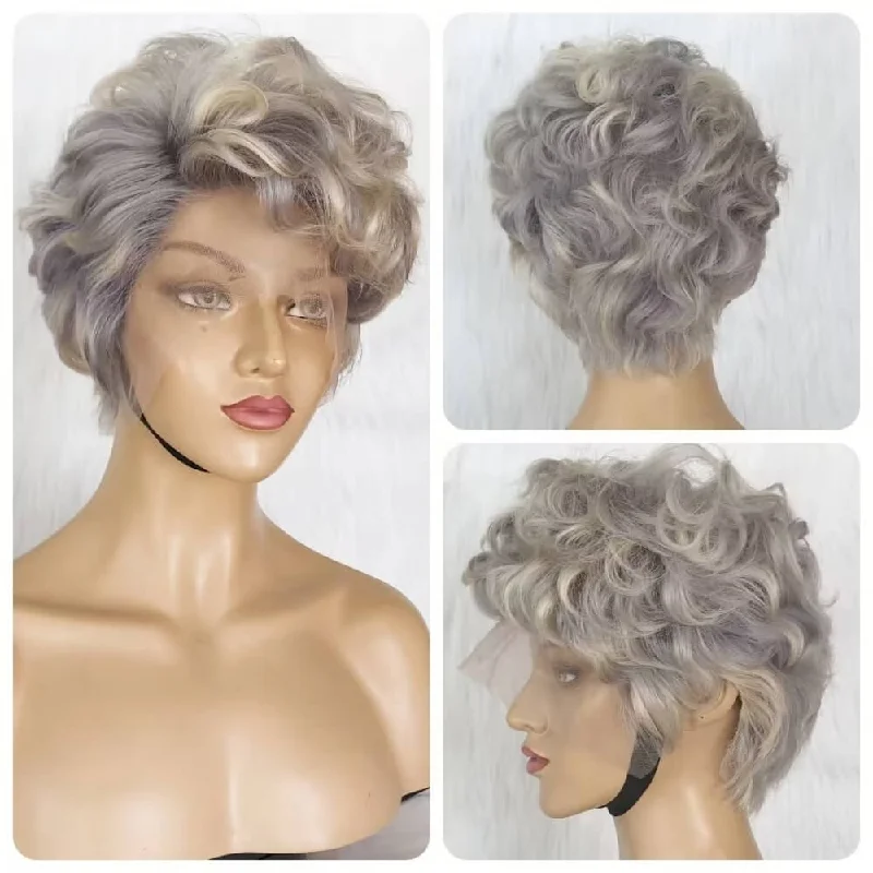 real person hair ring single edition-Gray Color  Human Hair Curly Pixie Cut Lace Wig for Black Women