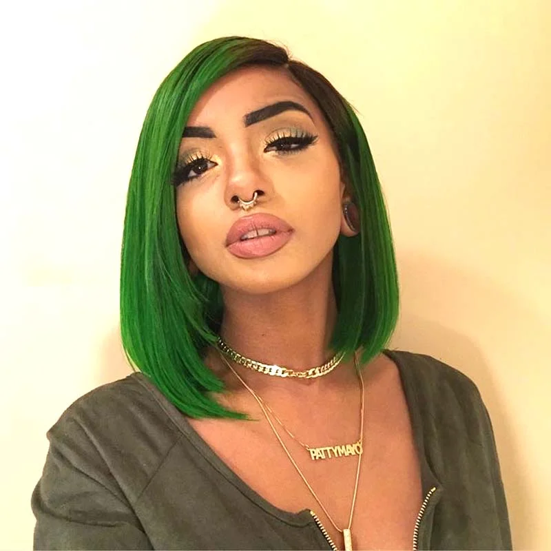 real person hair ring elegant finish-Ombre Green Bob Wig lace front Human Hair 180% Density Surprisehair