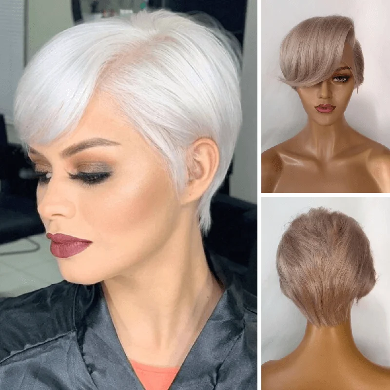 real person hair ring bold statement-Grey  Human Hair Pixie Cut Lace Frontal Wig with Bangs for African American