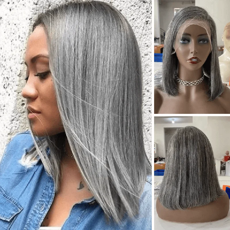 real person hair ring lasting beauty-Grey Mix Color Human Hair Bob Wig Lace Frontal for African American