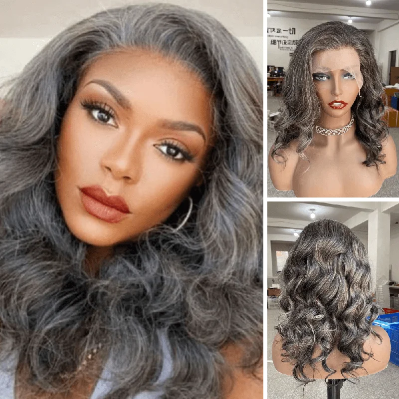 real person hair ring timeless remake-Grey Mix Color Human Hair Loose Wave Wig Lace Frontal for African American