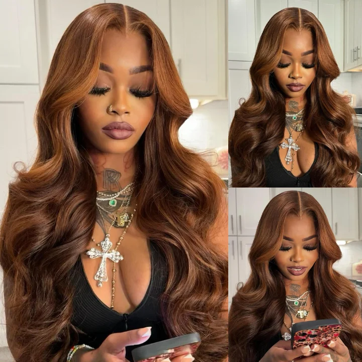 real person hair ring local maker-Highlight Light Brown Glueless Lace Front Wig Human Hair Loose Wave Clear Transparent Lace Front Colored Wigs Human Hair Pre Plucked  - Amanda Hair