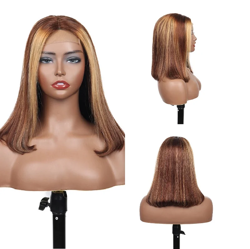 real person hair ring daily wear-Highlight Human Hair Bob Wig 4x4 Lace Closure Wig Brazilian Hair Surprisehair