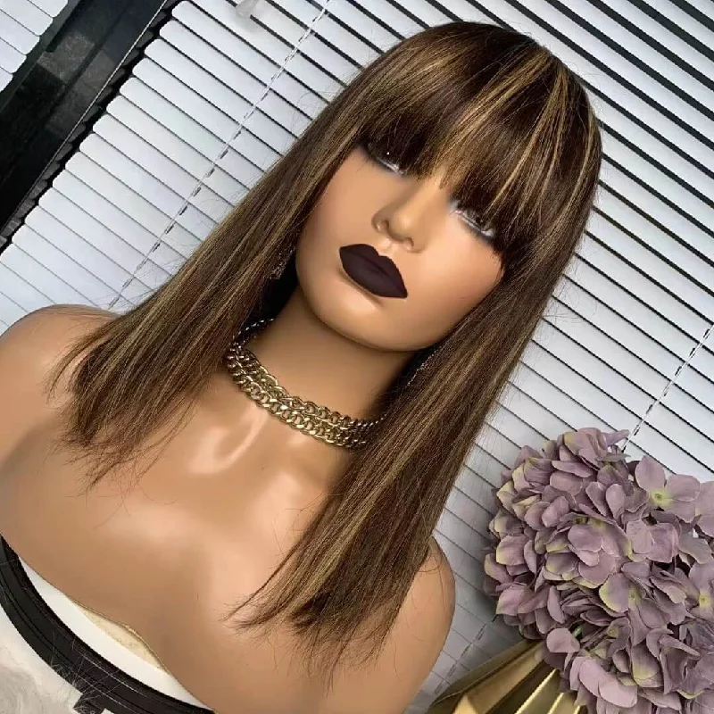 real person hair ring destination piece-Highlight Human Hair Wig With Bangs Straight For African American