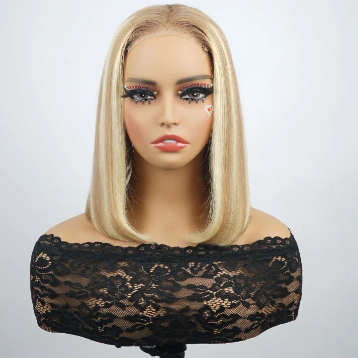 real person hair ring active wear-Highlight Light Golden and #613 Straight  Lace Frontal Colored Short Bob Wigs Human Hair  - Amanda Hair