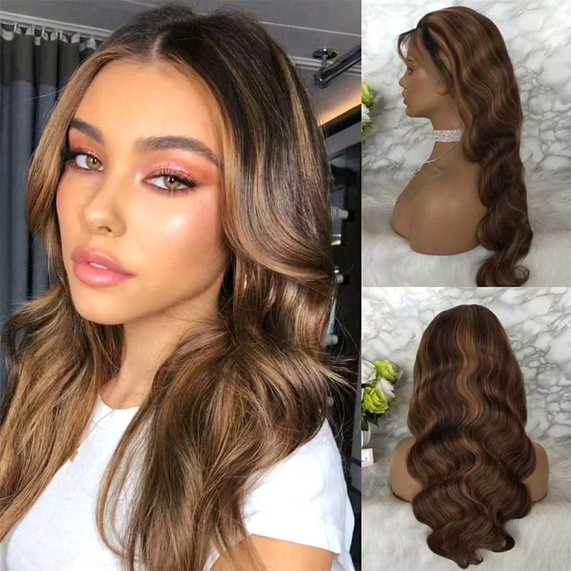 real person hair ring old-fashioned-Highlight Mix Color Body Wave Human Hair Wig Lace Front Surprisehair