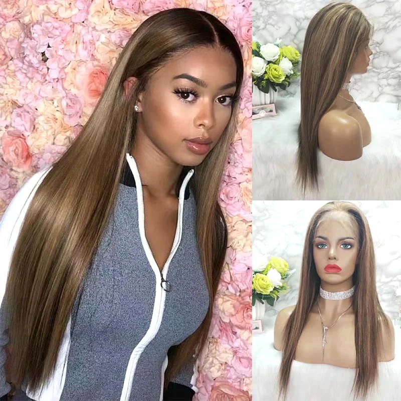 real person hair ring forever piece-Quality Highlight Mix Color Human Hair Straight Lace Frontal Wig Surprisehair