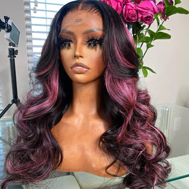 real person hair ring value buy-Highlights Transparent Lace Front Straight Wig Human Hair Wig Black Hair Mix Purple Color Lace Wigs