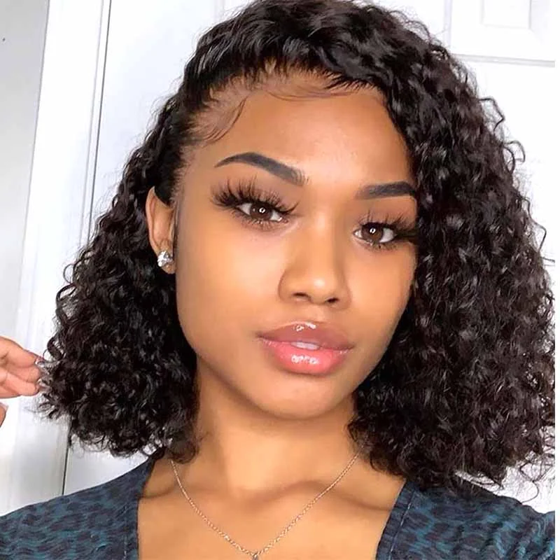 real person hair ring tribute item-Side Part human hair curly bob lace front wigs for African American Surprisehair