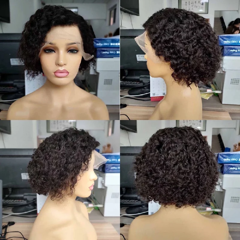 real person hair ring romantic gift-Human Hair Pixie Cut Curly Bob Wig for Black Women Lace Frontal Wig